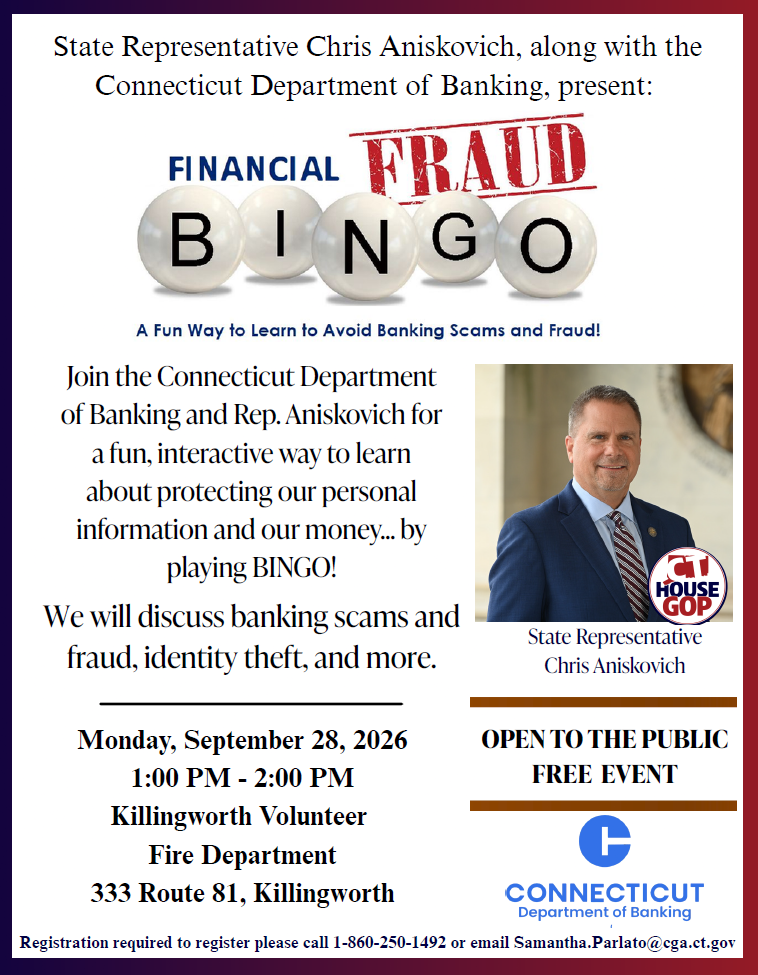 Rep. Aniskovich to Host Fraud Bingo Event in Killingworth